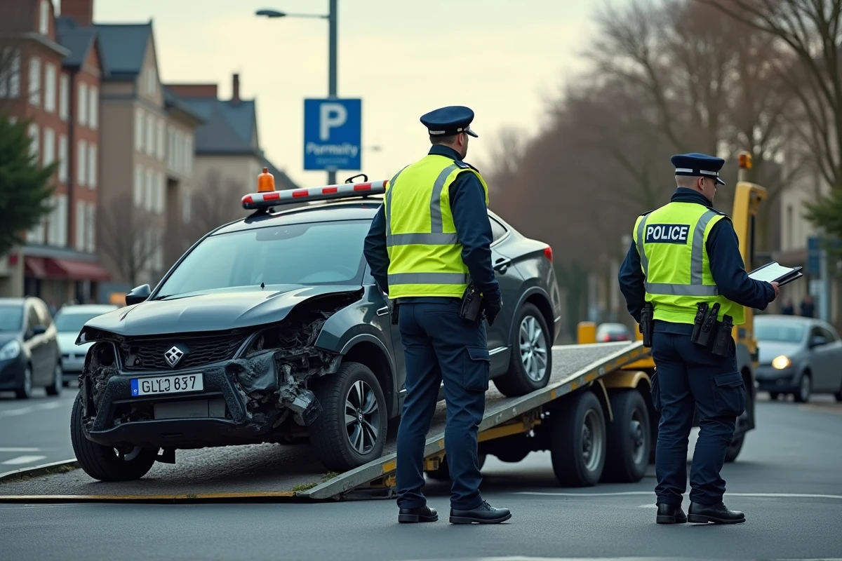 Scène d'accident de la route en zone périurbaine française avec dépanneuse et policiers en intervention à un carrefour
