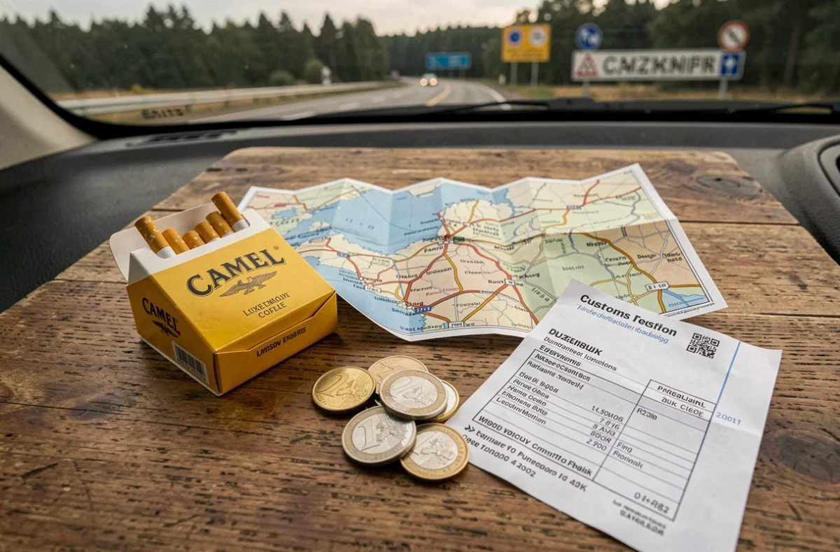 Paquet de cigarettes Camel posé sur une carte routière du Luxembourg avec des pièces en euros et un formulaire de déclaration douanière