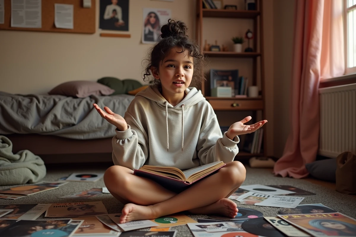 Adolescente entourée de magazines musicaux et de paroles imprimées, apprenant des expressions en portugais karaï issues de chansons populaires dans sa chambre