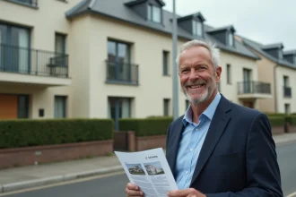 Agent immobilier tenant une annonce devant un immeuble résidentiel moderne avec panneau À Vendre