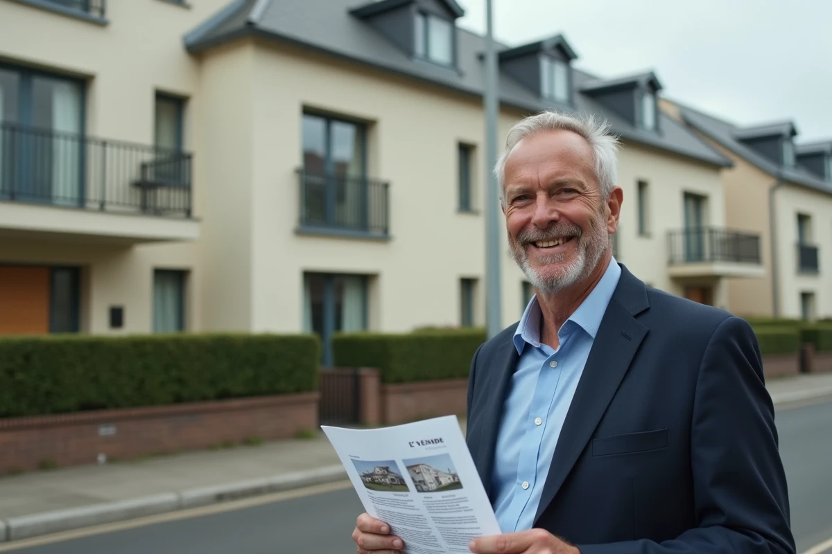 Agent immobilier tenant une annonce devant un immeuble résidentiel moderne avec panneau À Vendre