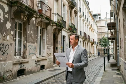 Agent immobilier évaluant un bien dans un quartier urbain dégradé avec façades Haussmanniennes et travaux de rénovation en arrière-plan