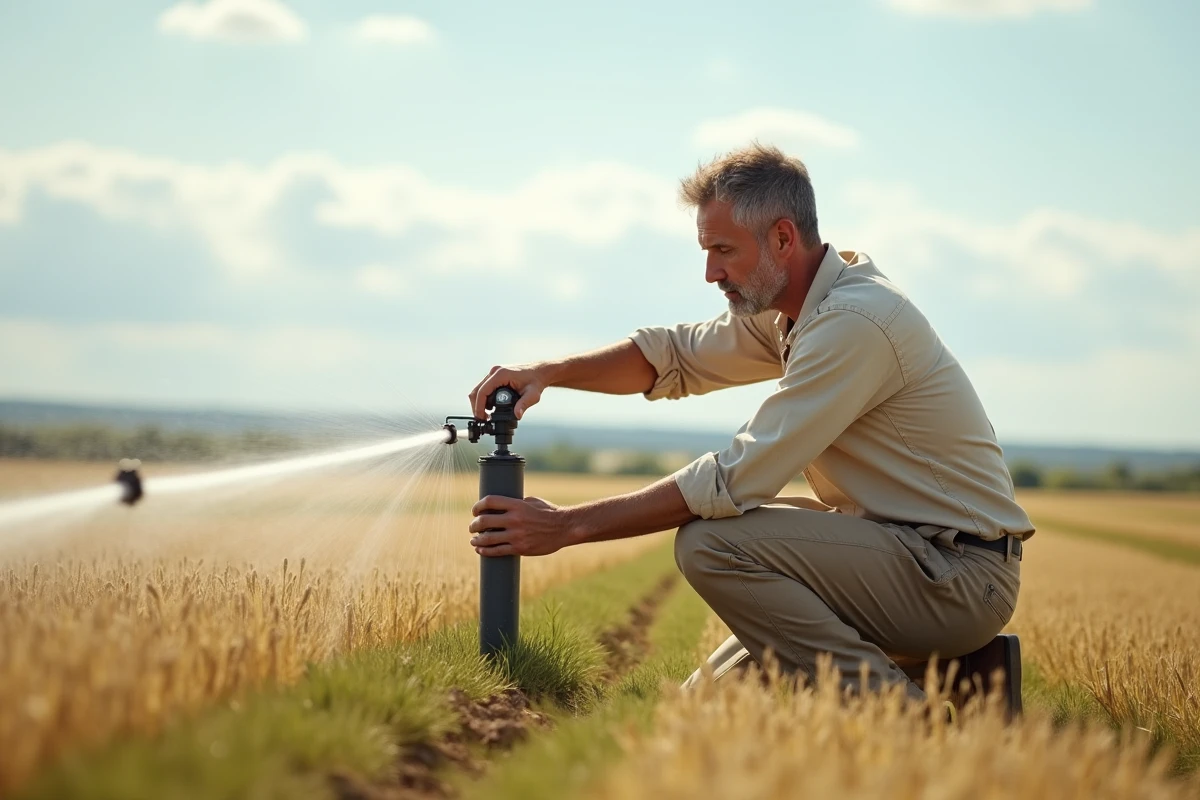 Agriculteur ajustant un asperseur dans un champ de blé irrigué avec un système d'arrosage rotatif