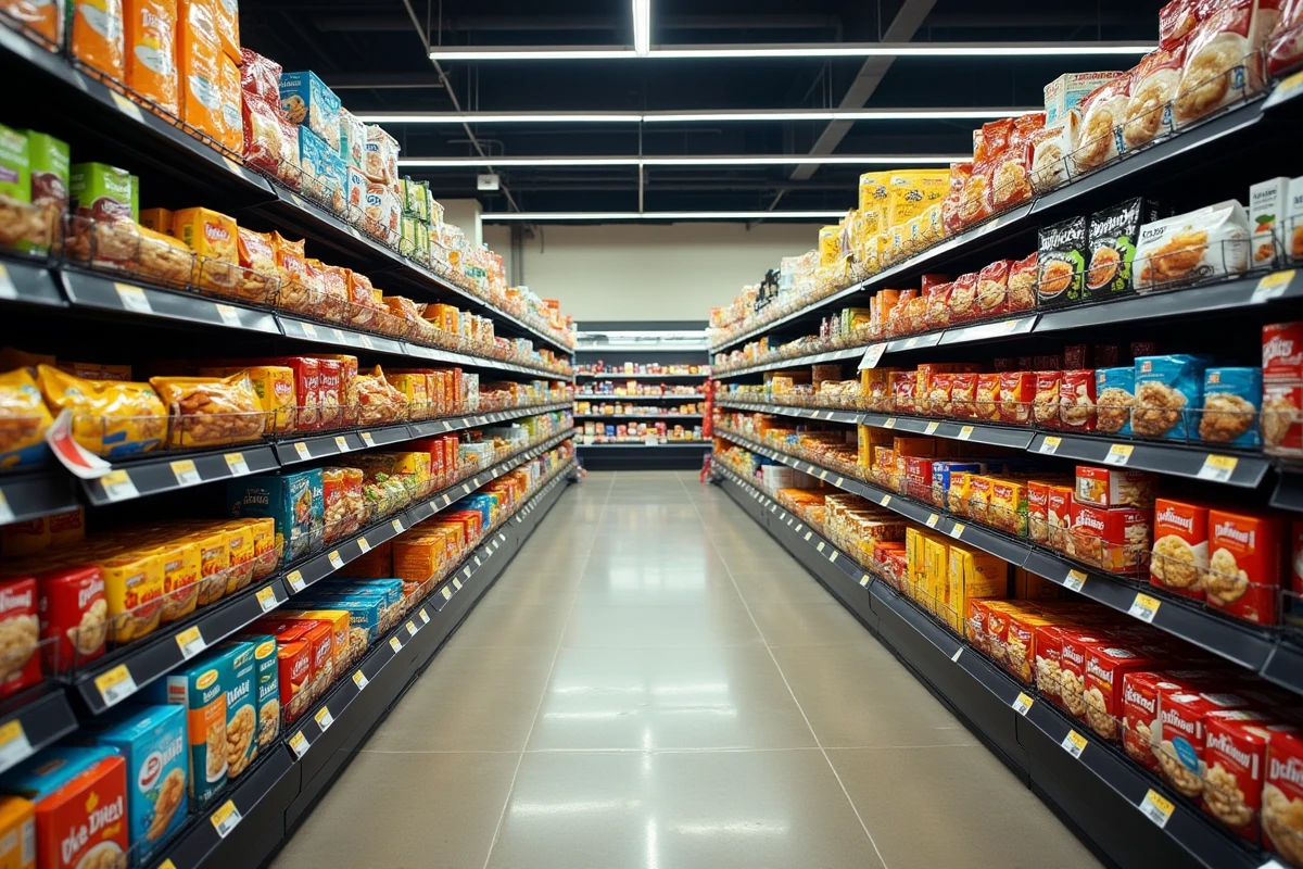 Allée de supermarché remplie d'aliments industriels et de plats préparés, illustrant l'antonyme de la gastronomie