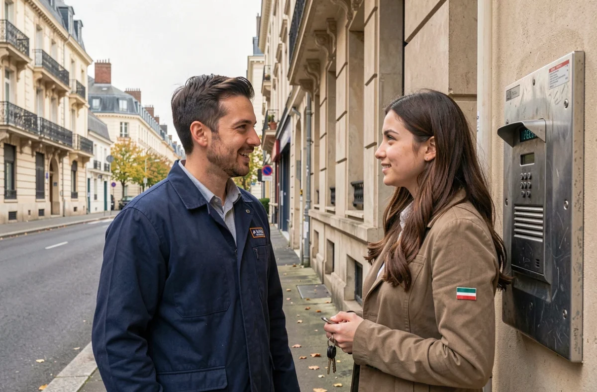 Serrurier Allovoisins en discussion avec une cliente à l'entrée d'un immeuble dans une rue de Chalon-sur-Saône
