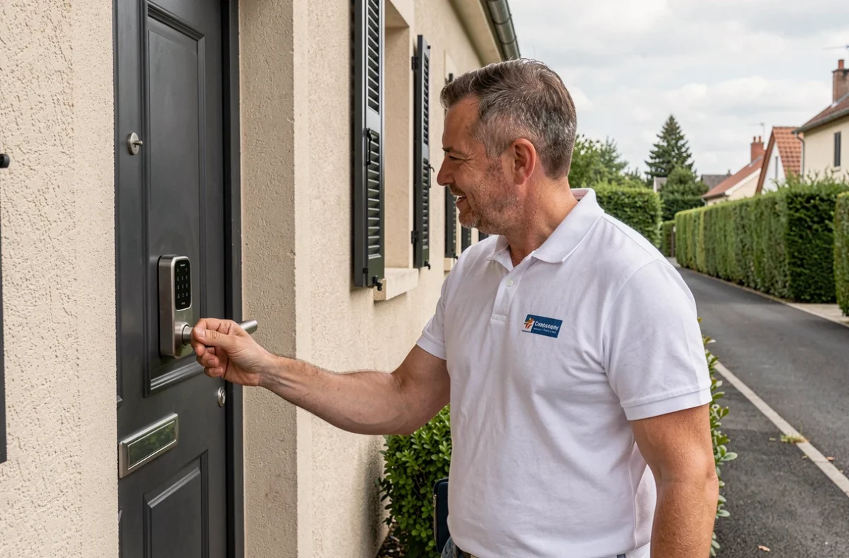 Serrurier AM2C expliquant le fonctionnement d'une serrure connectée à une cliente devant une maison pavillonnaire en Saône-et-Loire
