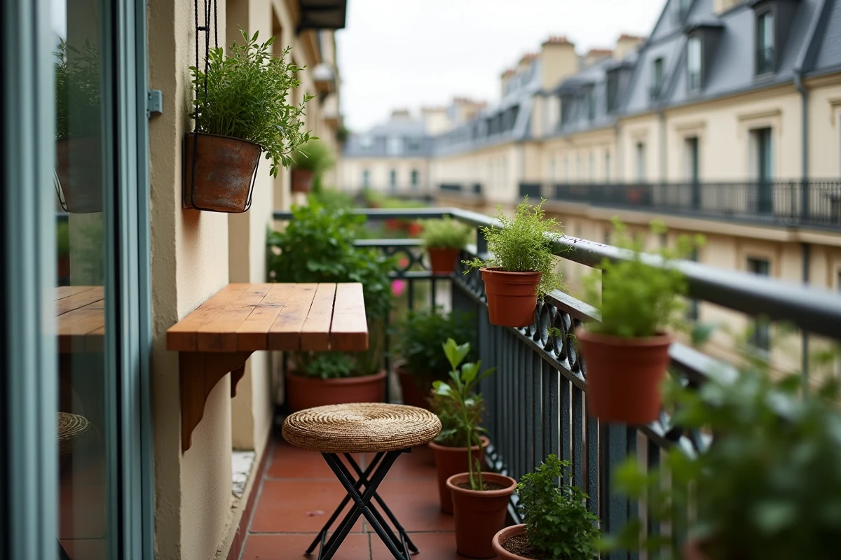 Petit balcon urbain étroit aménagé avec un bureau rabattable et un jardin vertical pour optimiser l'espace perdu