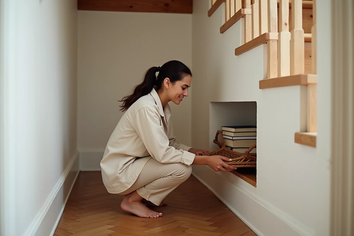 Femme aménageant un espace perdu sous un escalier avec une étagère en bois dans un appartement parisien