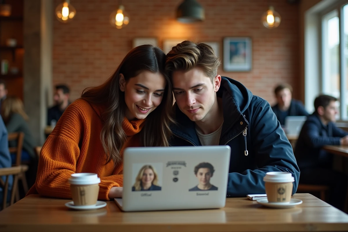 Deux amis comparant des sites fan officiels et non officiels sur un ordinateur dans un café