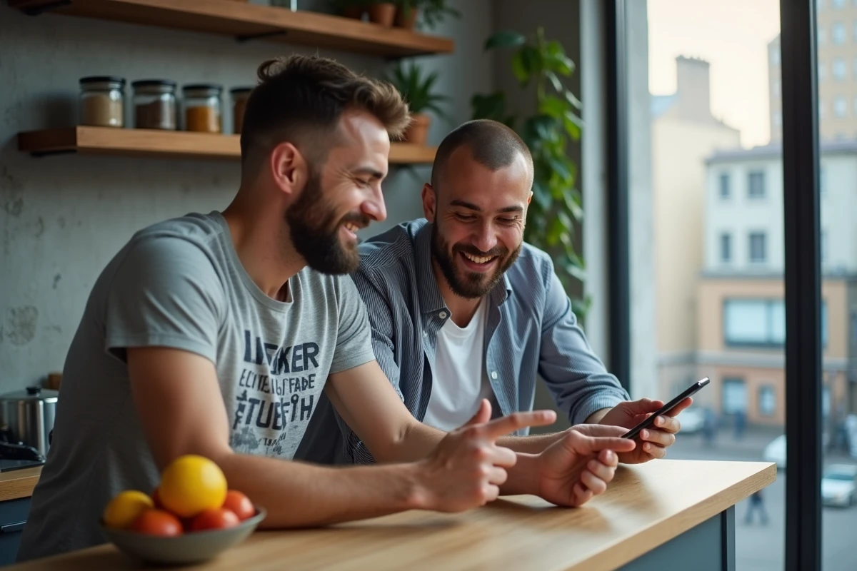 Deux amis découvrant et décryptant des paroles en portugais karaï sur un smartphone dans une cuisine d'appartement contemporaine
