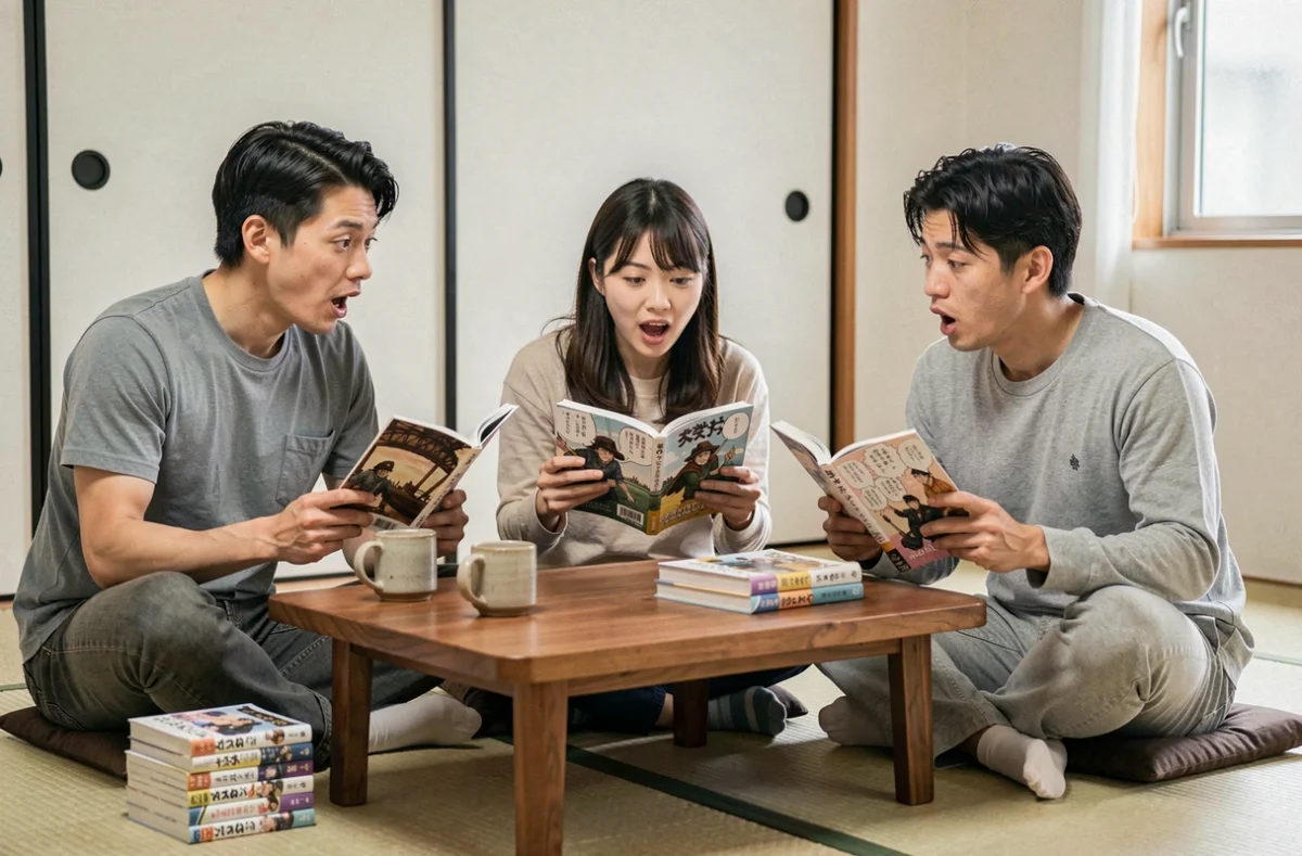 Groupe d'amis adultes lisant le dernier scan de One Piece dans un appartement japonais moderne avec expression de surprise