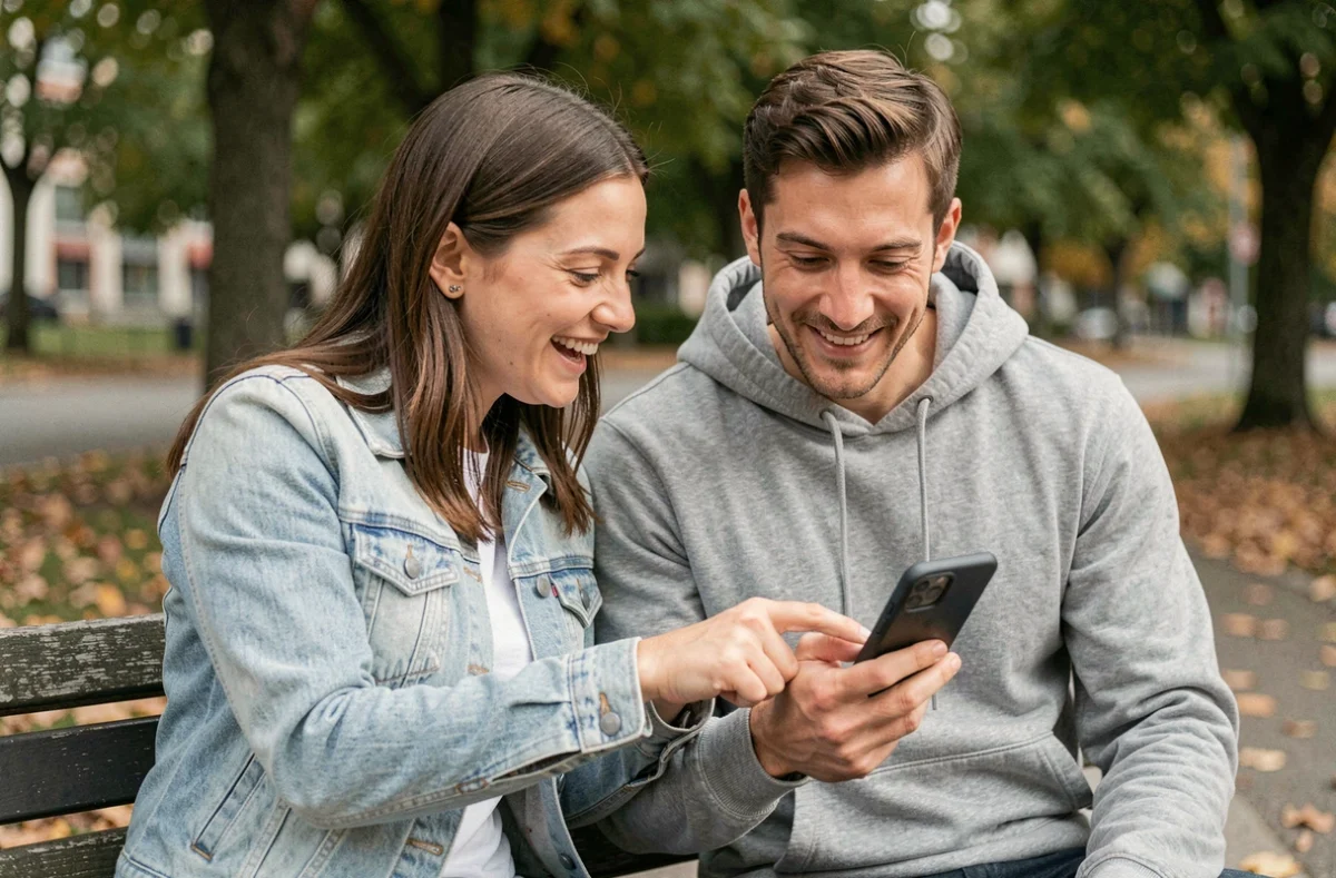Deux amis cherchant ensemble la solution du jeu 4 Images 1 Mot sur banc de parc en automne