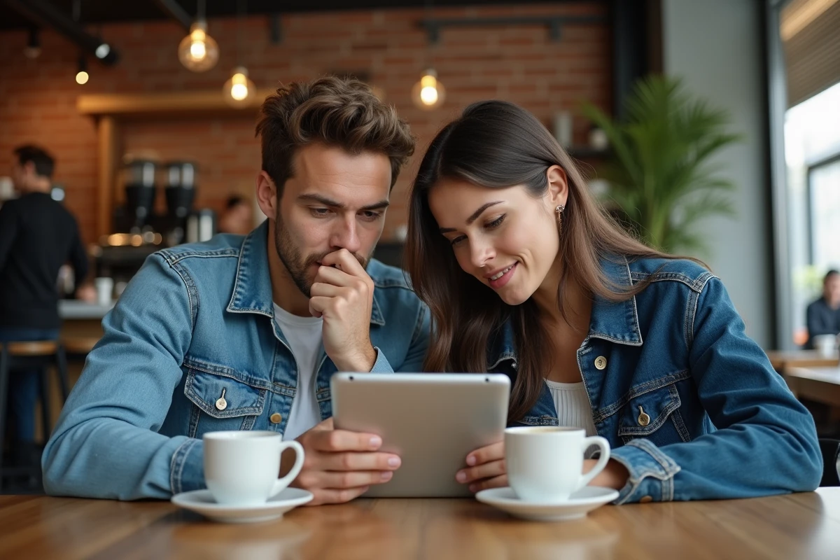 Deux amis fans de One Piece réagissant à un spoiler sur une tablette dans un café