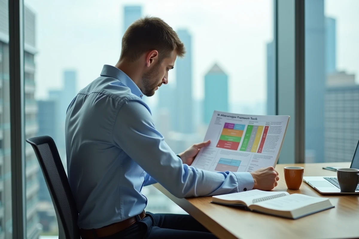 Jeune professionnel étudiant le cadre stratégique des quatre piliers de Deloitte à son bureau avec vue sur la ville