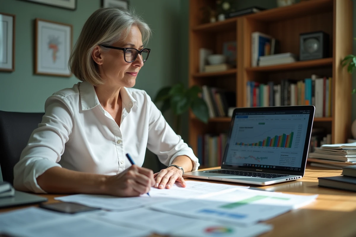Femme économiste analysant des documents de prévision de taux d'intérêt à son bureau dans un bureau à domicile professionnel