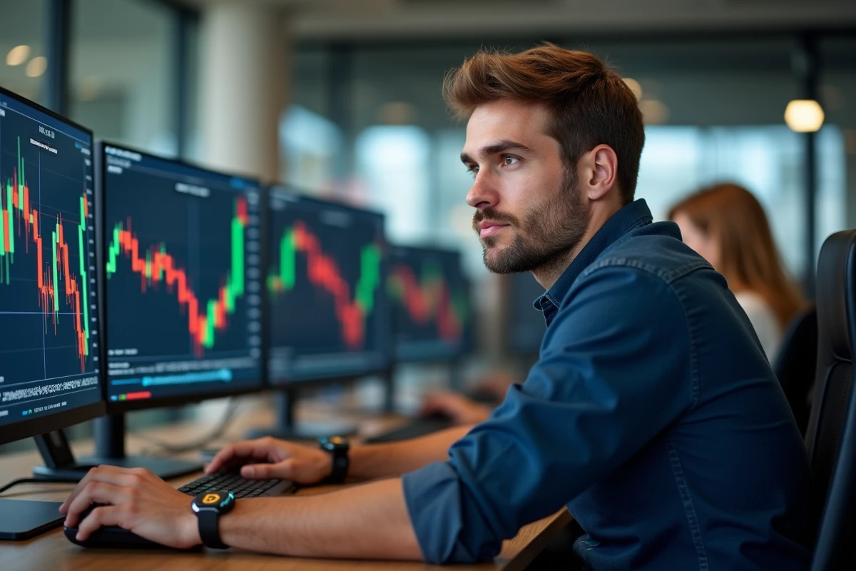 Analyste financier comparant les cours du Dogecoin et du Bitcoin sur des écrans de trading dans un bureau moderne