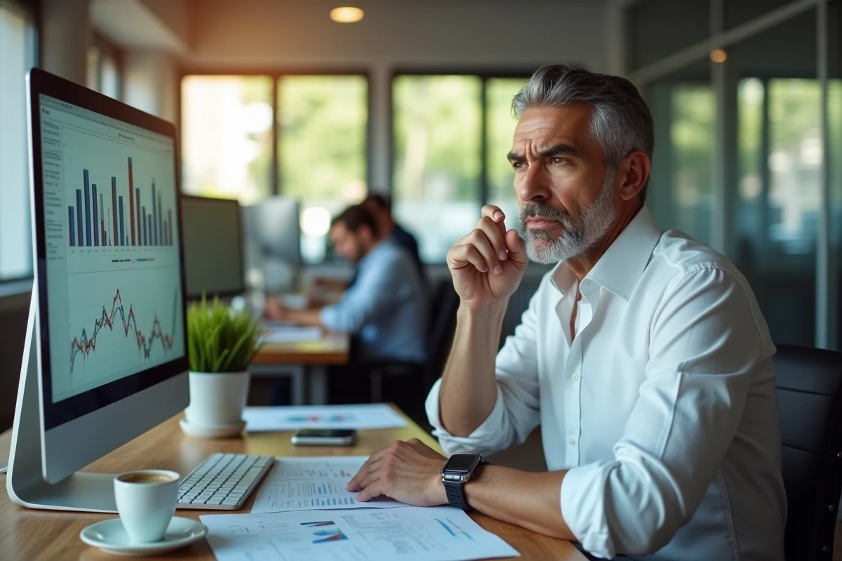 Analyste financier sceptique face aux graphiques de retour sur investissement dans un bureau moderne
