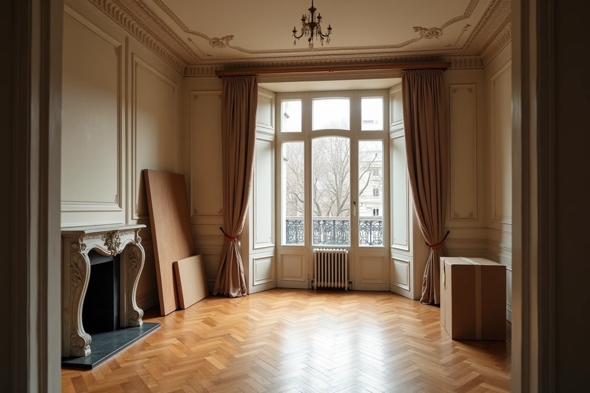 Appartement haussmannien parisien partiellement vidé de ses œuvres d'art, évoquant le départ d'une famille fortunée en lien avec la pression fiscale de l'ISF en France