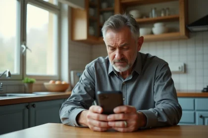 Homme méfiant regardant un appel entrant suspect sur son smartphone dans une cuisine française
