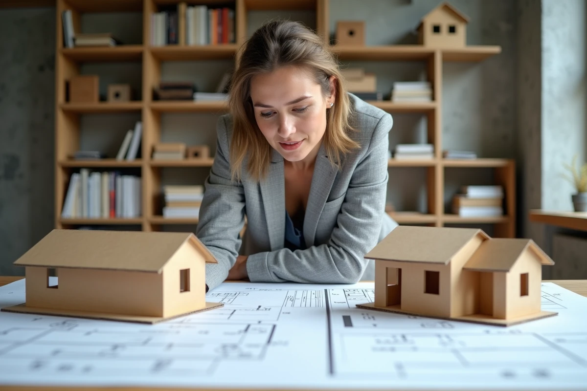 Architecte étudiant des maquettes et plans de différentes formes de maisons sur une table à dessin dans un studio de conception