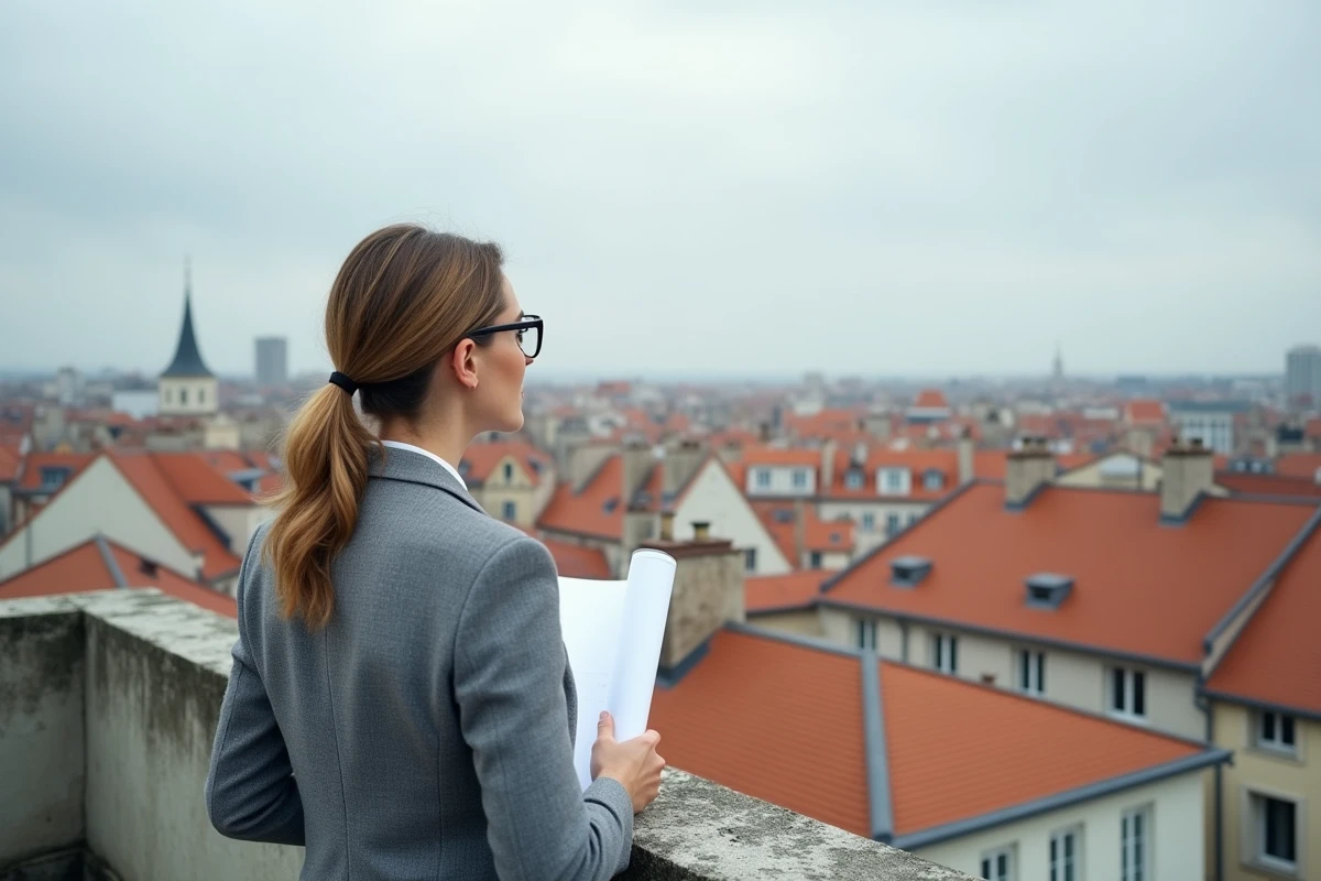 Architecte femme sur un toit observant un quartier résidentiel dense dans une ville française de province