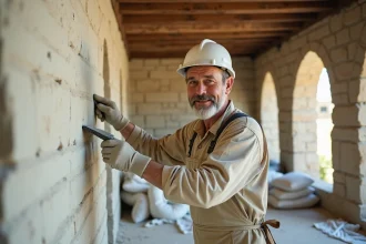 Artisan appliquant de l'enduit de chaux sur un mur en pierre dans une maison rénovée pour améliorer l'isolation thermique