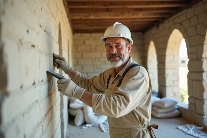 Artisan appliquant de l'enduit de chaux sur un mur en pierre dans une maison rénovée pour améliorer l'isolation thermique