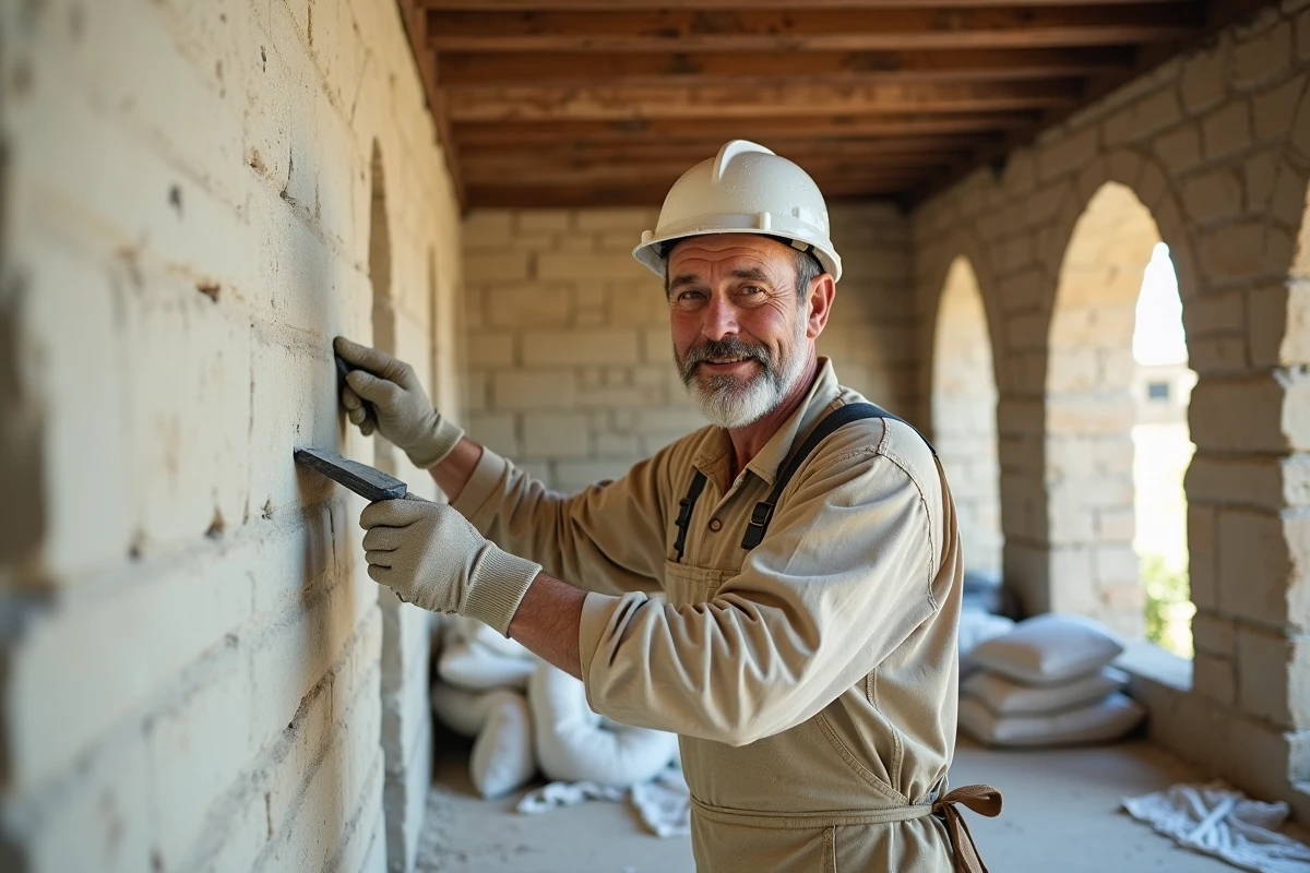 Artisan appliquant de l'enduit de chaux sur un mur en pierre dans une maison rénovée pour améliorer l'isolation thermique