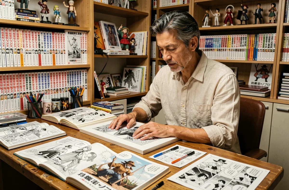 Artiste manga travaillant sur des esquisses de One Piece dans un studio créatif japonais encombré de volumes et figurines