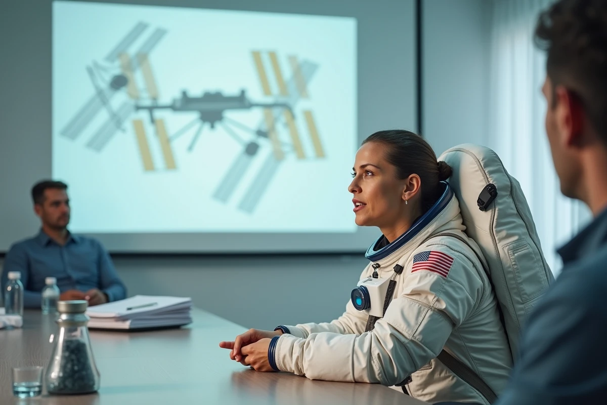 Astronaute en combinaison spatiale présentant les problèmes de dégradation des modules de l'ISS lors d'un briefing
