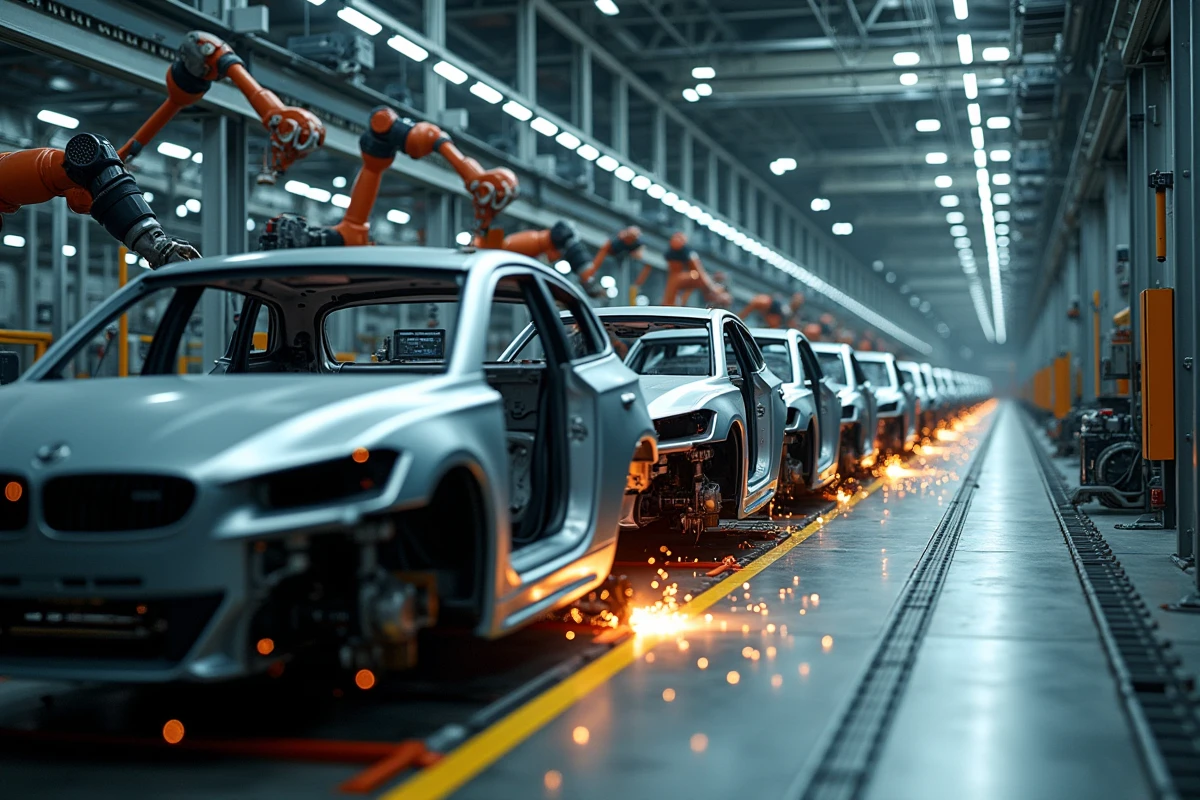 Ligne d'assemblage automobile entièrement automatisée avec bras robotiques dans une usine industrielle moderne