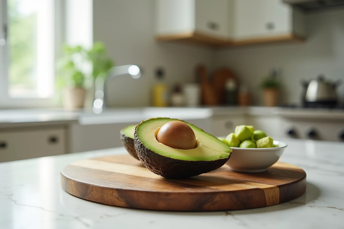 Avocat coupé en deux sur une planche en bois, illustrant ses bienfaits pour le transit intestinal