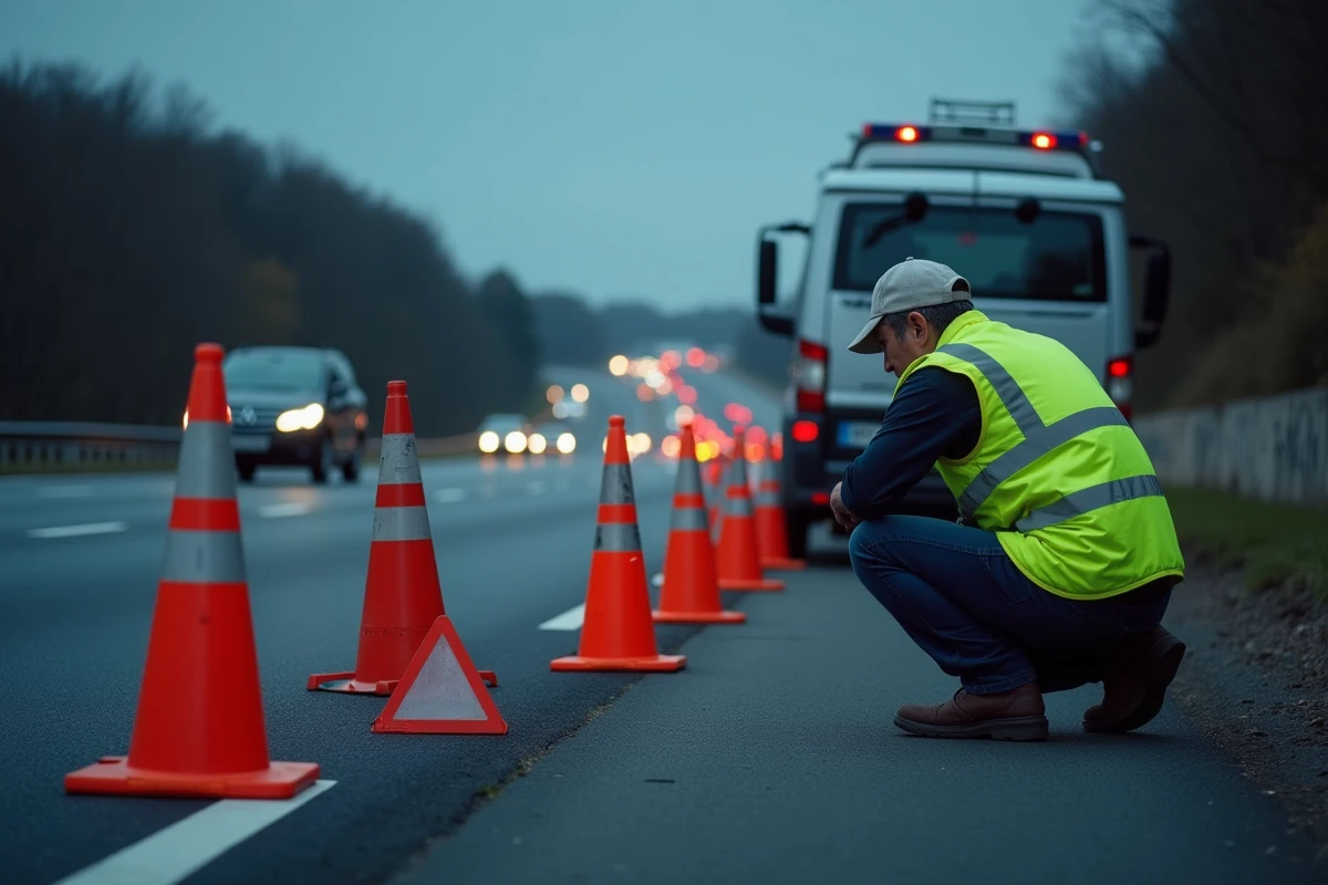 Homme en gilet de sécurité sur la bande d'arrêt d'urgence d'une autoroute française avec triangles de signalisation et véhicule en panne