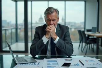 Cadre bancaire français préoccupé face à des documents financiers dans un bureau parisien, illustrant la crise des banques françaises
