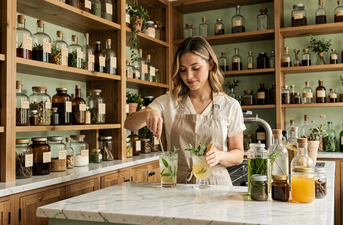 L'intérieur apothicaire du bar L'Apothicaire à Toulouse avec ses étagères de flacons botaniques