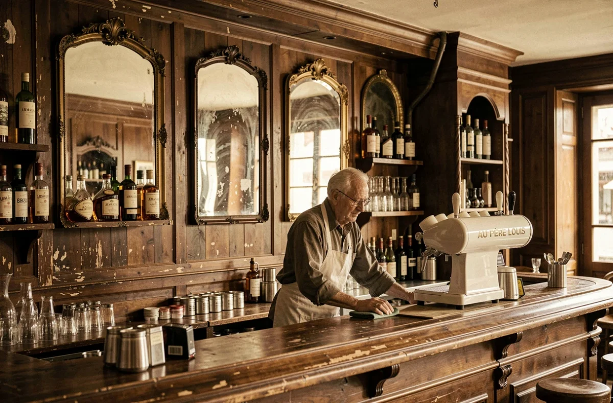 L'intérieur historique et authentique du bar Au Père Louis à Toulouse avec son ambiance bistrot
