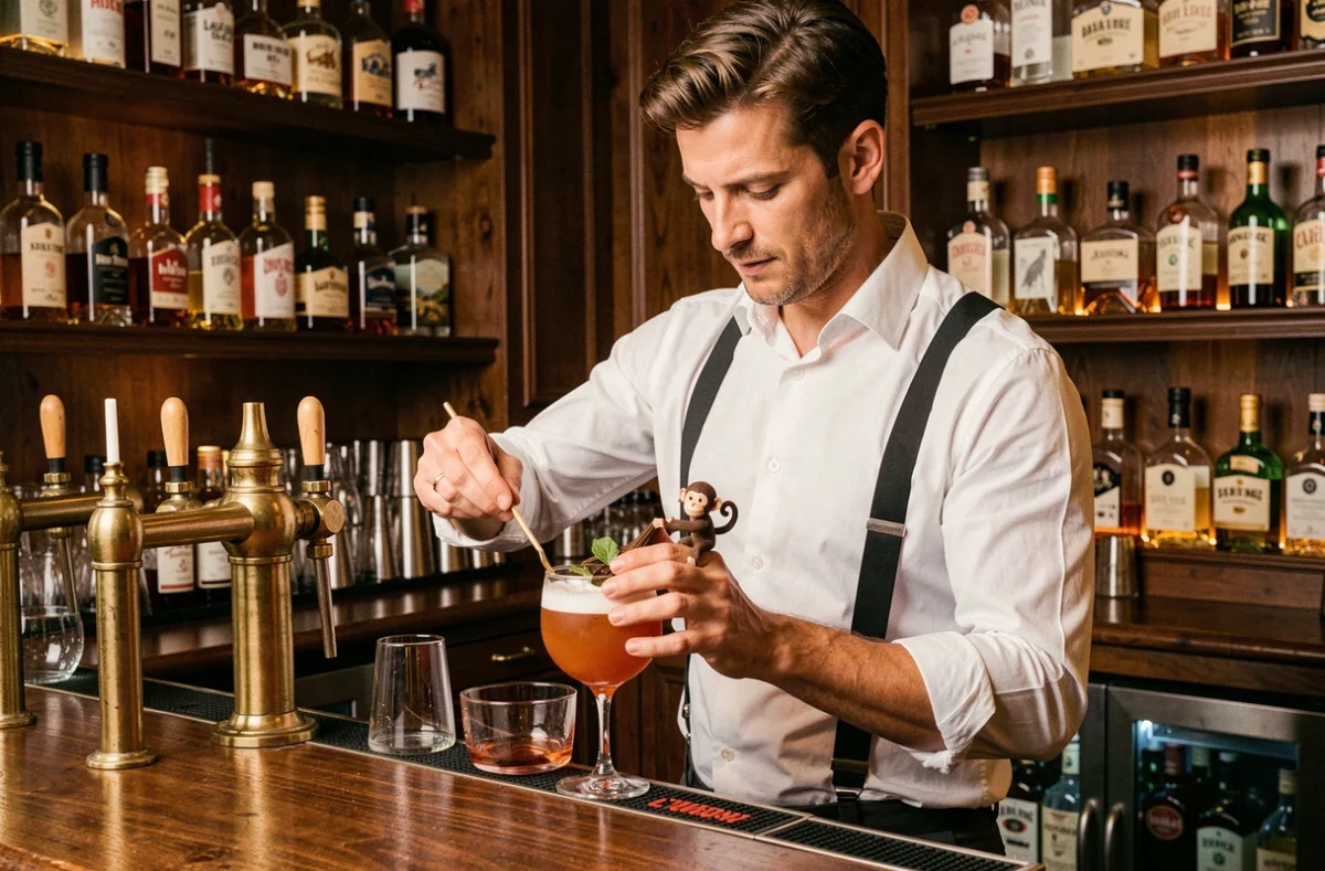 Bartender préparant un cocktail artisanal au bar L'Heure Du Singe à Toulouse