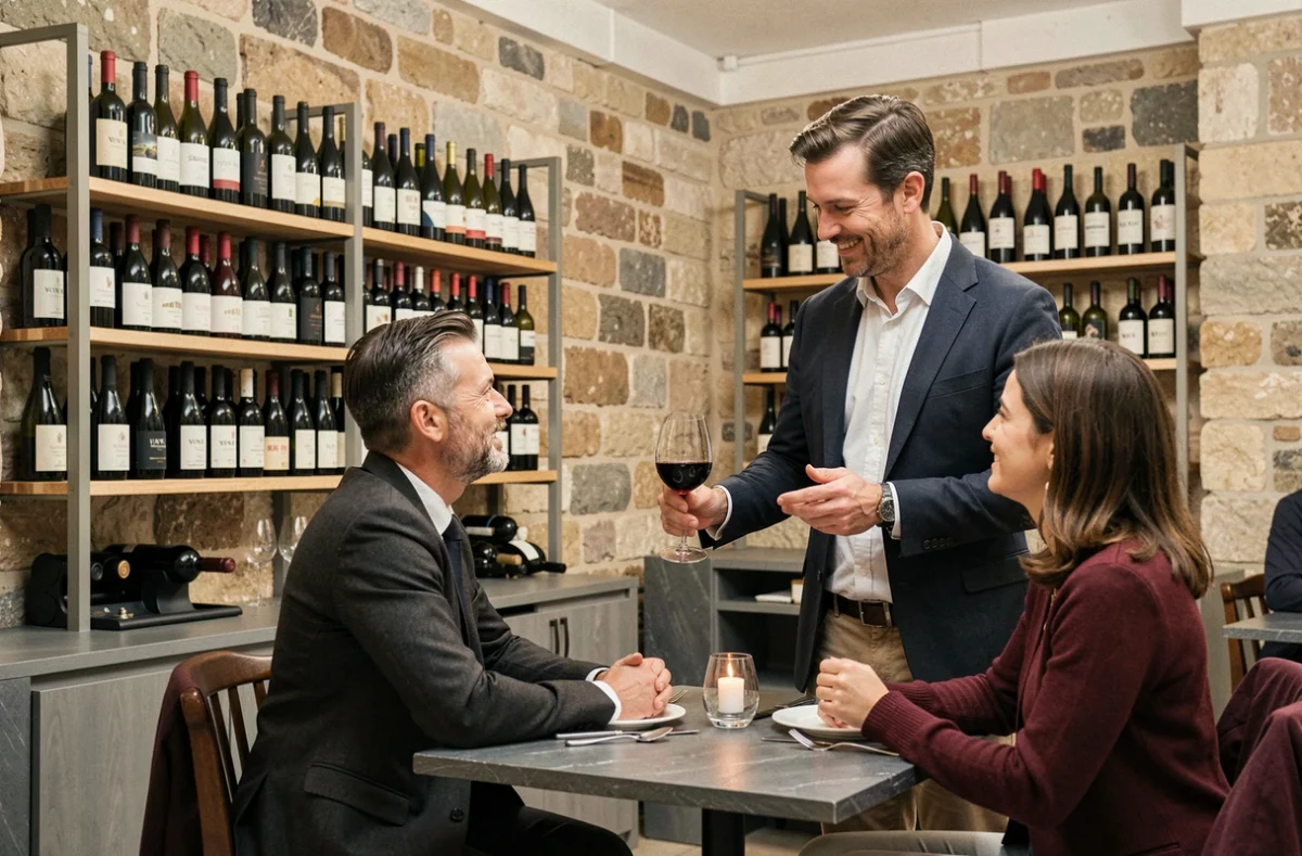 Sommelier présentant un verre de vin rouge à des clients au N5 Wine Bar de Toulouse