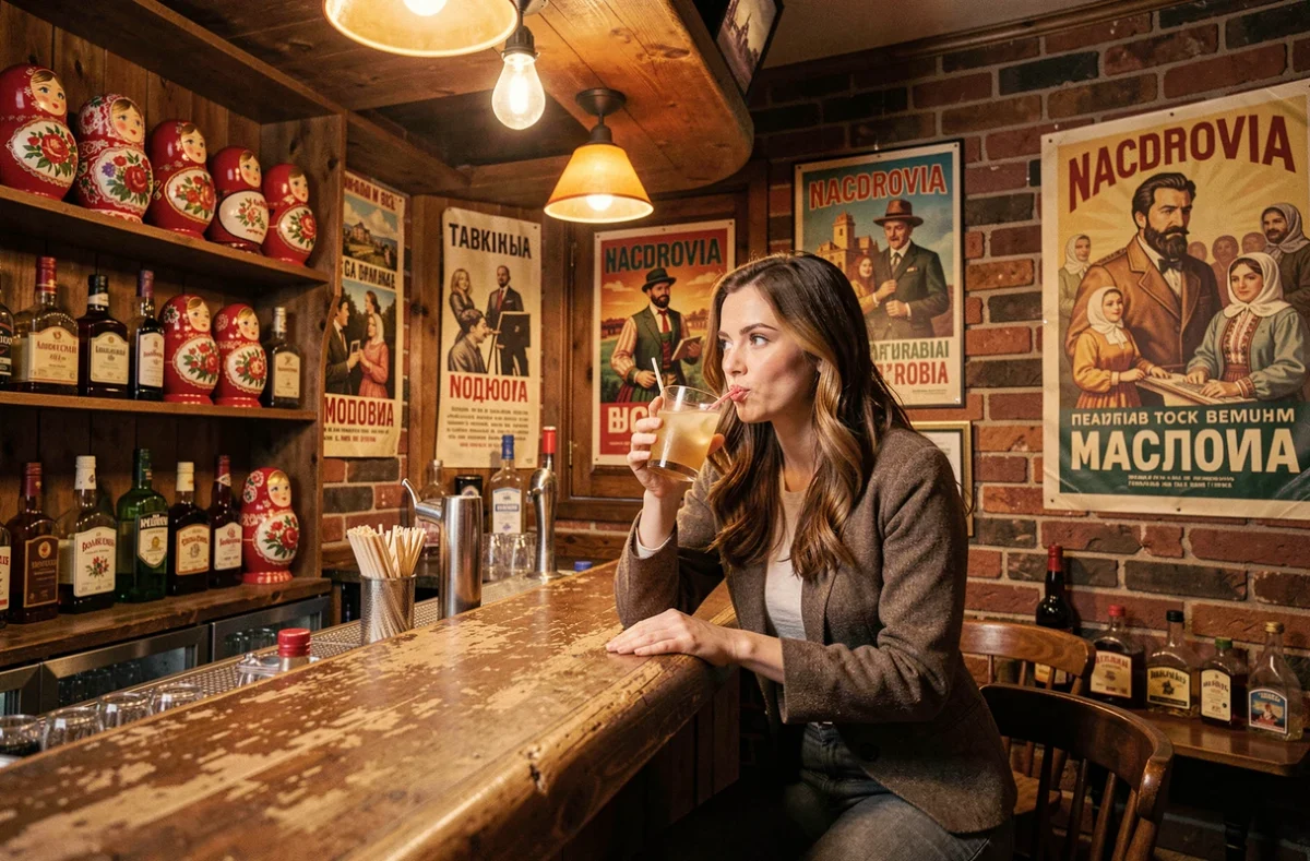 L'intérieur chaleureux et thématique du bar Nasdrovia à Toulouse avec ses décors russes