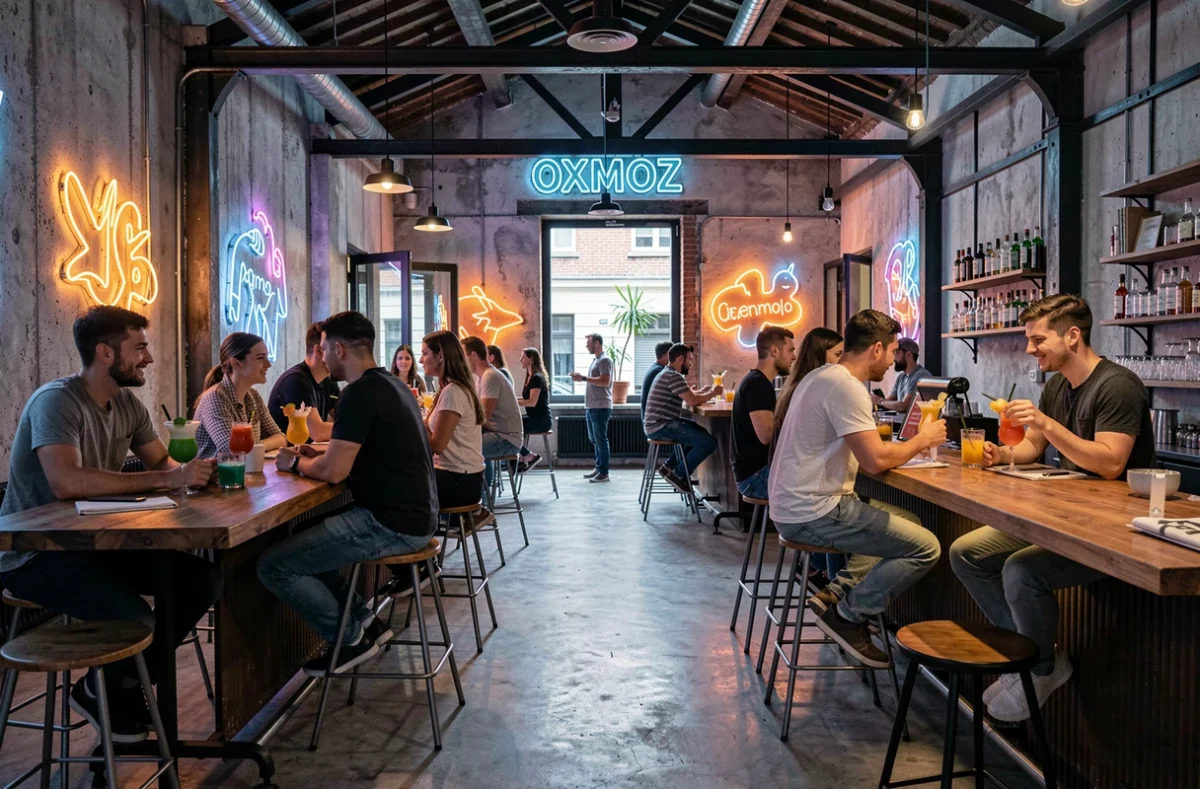 L'atmosphère créative et industrielle du bar Oxmoz à Toulouse avec ses cocktails colorés