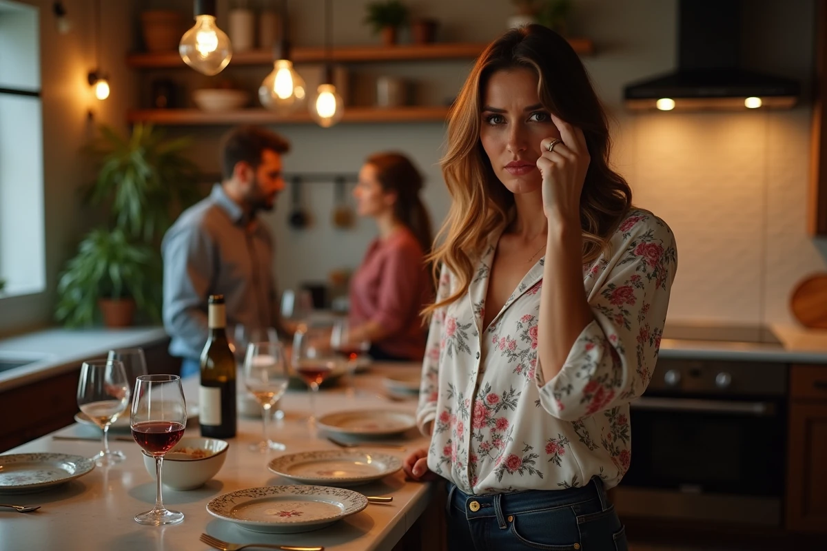 Femme embarrassée après avoir fait une blague maladroite lors d'un dîner entre amis