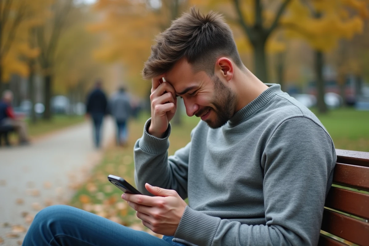 Homme lisant une blague ratée par SMS avec une expression de gêne sur un banc de parc