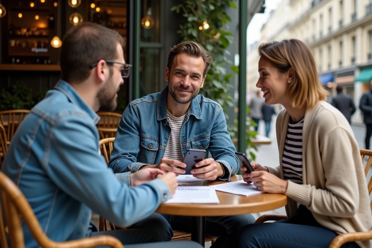 Groupe de blogueurs engagés en discussion dans un café parisien autour de publications numériques
