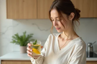 Femme tenant un verre d'eau citronnée avec des feuilles de menthe dans une cuisine moderne pour réinitialiser l'intestin