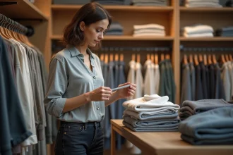 Femme comparant les prix de vêtements dans une boutique de mode pour établir un budget vestimentaire raisonnable