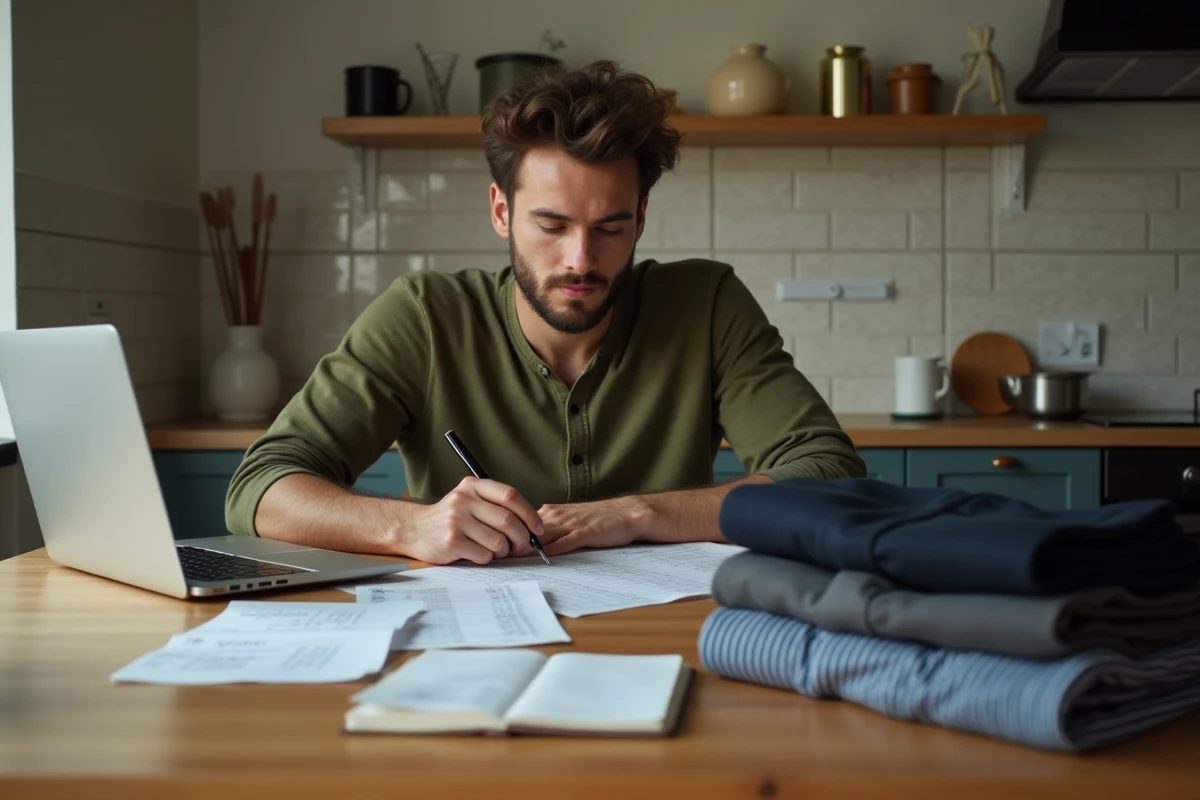 Homme calculant son budget vestimentaire mensuel à la maison avec des reçus et un carnet de notes