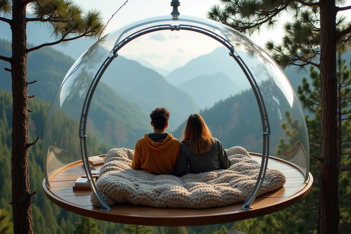 Couple se relaxant dans une bulle transparente perchée dans les arbres avec vue panoramique sur une forêt de montagne