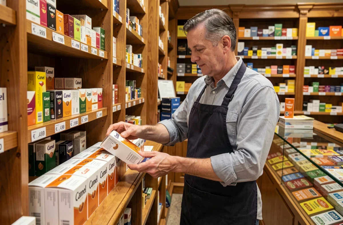 Buraliste luxembourgeois rangeant des cartouches de cigarettes Camel dans un bureau de tabac avec affichage des prix en euros