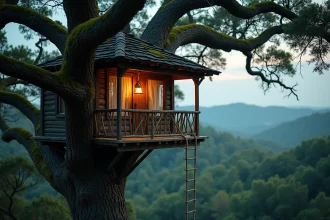 Cabane dans les arbres en bois rustique avec terrasse et échelle de corde dans une forêt de chênes au crépuscule