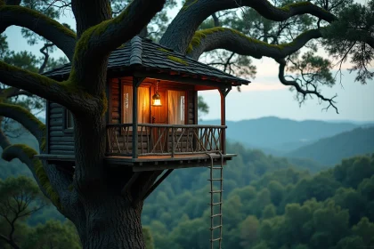 Cabane dans les arbres en bois rustique avec terrasse et échelle de corde dans une forêt de chênes au crépuscule